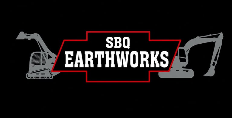 SBQ Earthworks logo with construction equipment on black background